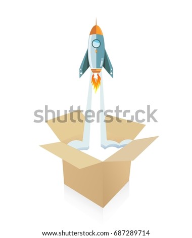 step out of the box. rocket icon illustration design over a white background
