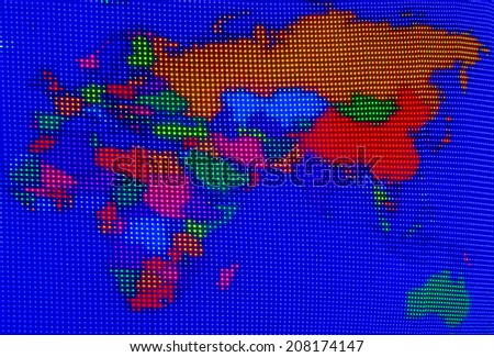 Colorful stripes on lcd screen of Europe and South east asia map