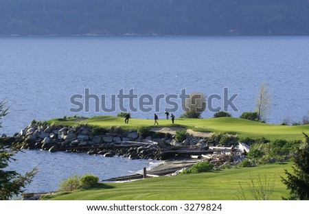 A group of golfers on a green by the sea.