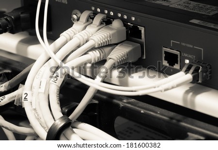 UTP Network cables connected to an Fast/Giga ethernet ports. Internet Service Provider equipment. Data Network Hardware Concept.