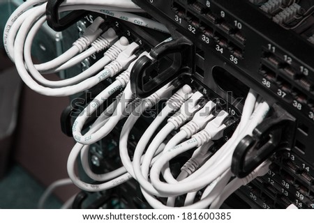 UTP Network cables connected to patch panel. Internet Service Provider equipment. Data Network Hardware Concept.