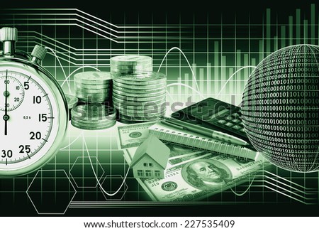 Business collage money and stopwatch on the background chart. The monochrome image in green tones