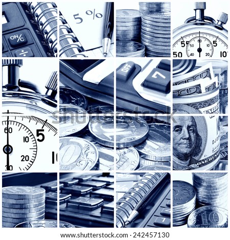 A collage of photos on the subject of business, time and money. Blue tone.