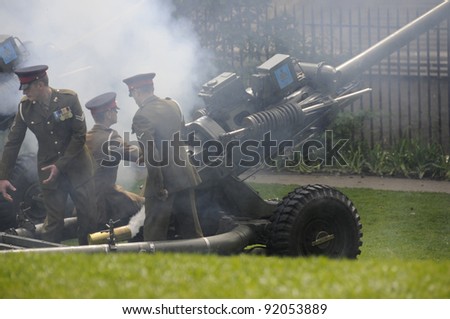 YORK, UK - JUNE 02:4th Regiment Royal Artillery fired the annual 21-gun salute to celebrate the anniversary of the Queens coronation on June 02, 2011 in York
