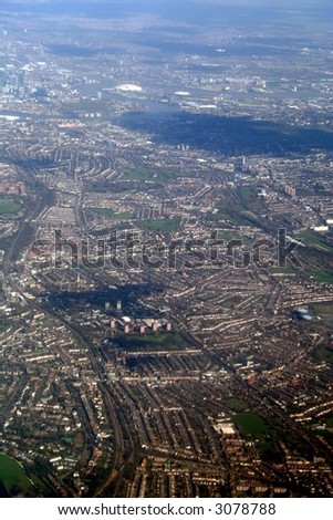 aerial view of  from flight and london beneath