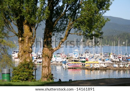 Boats with trees and mountains at Deep cove