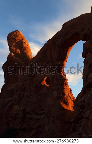 Sunset Light through the Windows Arches in the Arches National Park in Moab, Utah