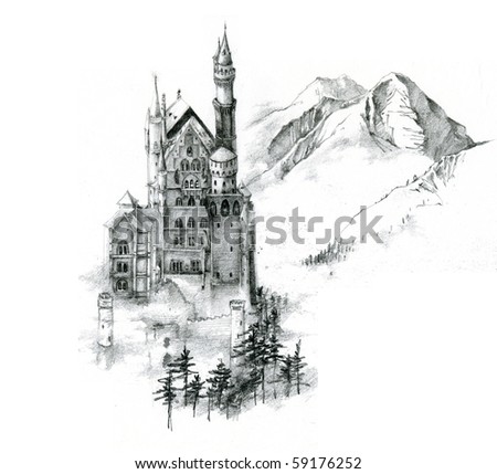 Unfinished sketch of Neuschwanstein Castle in Germany