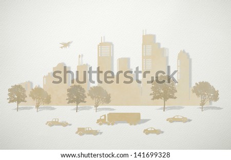 Paper cut of cities with tree , car and plane on art paper