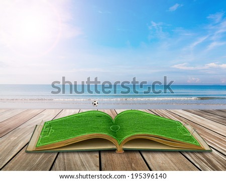 Open green grass book Of soccer stadium with football over sea background