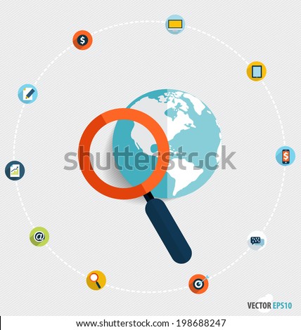 Magnifying glass and globe with application icons, Business working elements for web design, seo optimizations, mobile app, social networks. Modern Flat design icon vector illustration. 