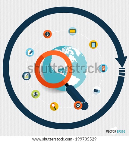 Magnifying glass and globe with application icons. Vector illustration