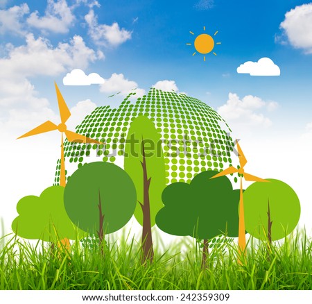 Fresh spring green grass with eco friendly earth over blue sky