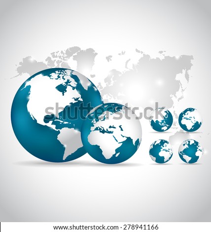 Modern globes and world map, vector illustration.