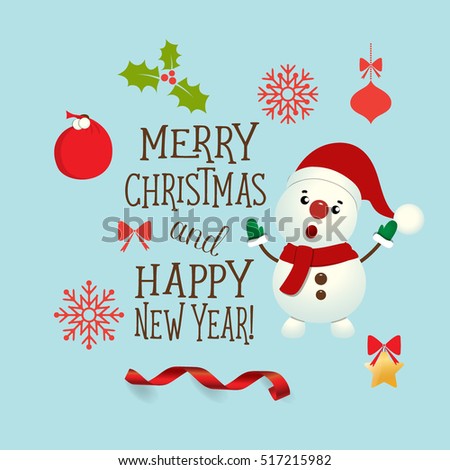 Christmas Greeting Card With Merry Christmas Lettering, Vector ...