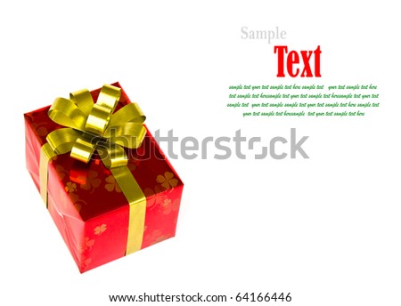 Christmas red gift box tied with gold ribbon bow on white background.