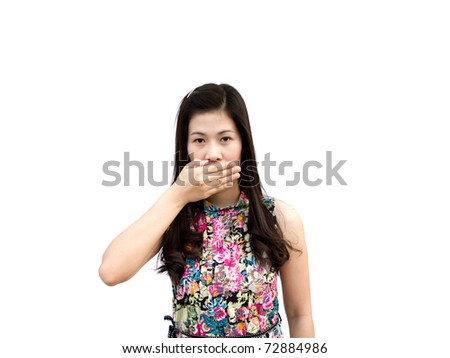 Young girl hold  hand crossed on mouth to stop her to speak isolated on white background