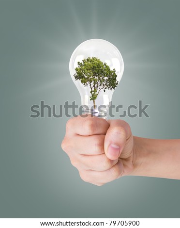 Light bulb in hand (green tree growing in a bulb)