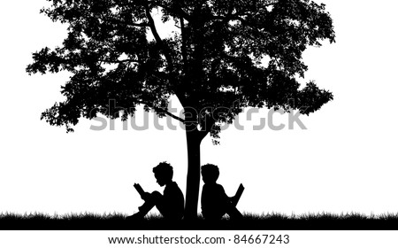 Silhouettes Of Children Read Book Under Tree Stock Photo 84667243 ...