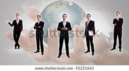 Young business man team with world map