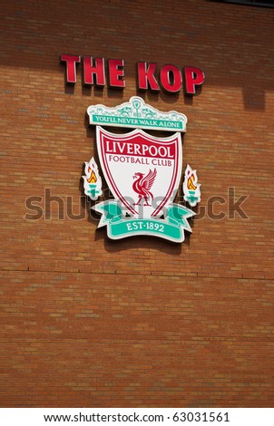 LIVERPOOL, ENGLAND - JUNE 5: Liverpool Emblem at Anfield stadium on June 5, 2009 in Liverpool, England. Liverpool Emblem is red Liver bird