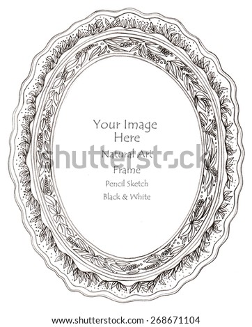 Photo frame flower and leave ( Oval ) pencil sketch freehand drawing background isolate.