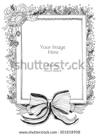 Christmas Frame and Big Bow art line pencil freehand sketch on the paper have noise and texture it\'s pure art concept Christmas and Happy New Year theme