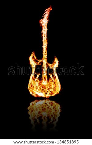 Electronic guitar flames and water reflection on a black  background.