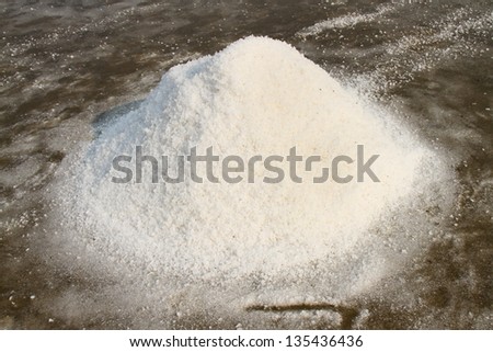 Pile of salt at the saline. Salt pan.
