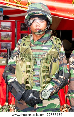 KUALA LUMPUR, MALAYSIA-MAR 5:Unidentified soldier with future hi-tech gadget at the 78th Army Anniversary on Mar 5, 2011 in Kuala Lumpur, Malaysia. Malaysia spends 1.9 percent of its GDP on military.