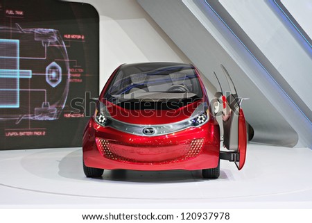 BANGKOK - DECEMBER 4: Tata shows their Megapixel electric concept vehicle with petrol engine for charging at the annual Motor Expo at Impact Challenger on December 4, 2012 in Bangkok, Thailand.