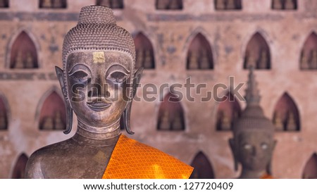 Buddha Image at Wat Si Saket in Vientiane, Laos. Shallow depth of field with the Buddha image in the foreground in focus.
