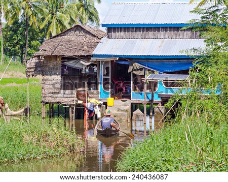 MAUBIN, MYANMAR - NOVEMBER 12, 2014: Man returning home to his farm in Maubin, Ayeyarwady Division in Southwest Myanmar. Many homes in the area lack road connection and can only be reached by boat.