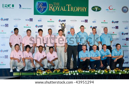 BANGKOK, THAILAND - JANUARY 6: The Asian and European Royal Trophy golf teams lined up at the press conference in Bangkok, Thailand on January 6, 2010.