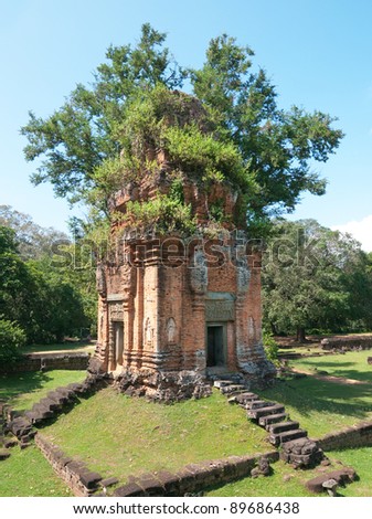 Tower at the Bakong temple with trees growing out of the roof, in the Roluos Group, west of Siem Reap, Cambodia.