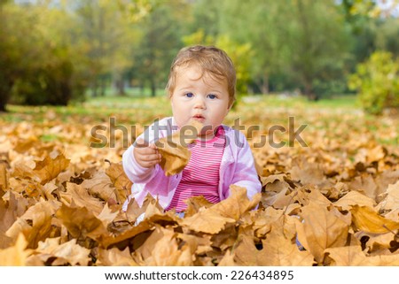 Adorable baby playing with autumn leaves in the park.