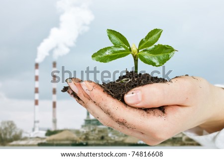 Small plant growing in the human hands and pollution smoke from factory chimneys in background.