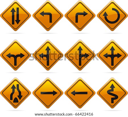 Glossy Diamond Road Arrow Signs/12 glossy driving signs. The highlights are on one layer if a flat look is preferred. The signs have not been flattened and are broken up into layers for easy editing.