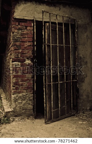 Open old door leading into a dark cellar. Photo in low key