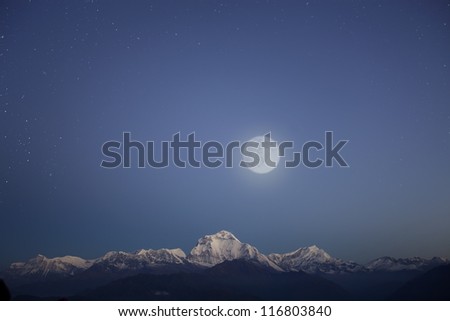 snow mountain range under stars sky and moon at night time, Himalaya