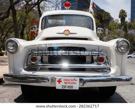 MEXICO CITY, MEXICO - APR, 04, 2015: Vintage ambulance from mexican red cross in exhibition in the streets of Mexico City. Mexico City, Mexico on Apr, 04, 2015.
