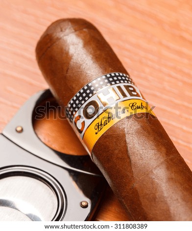 Ciudad de Mexico, Mexico - August 1, 2015: Cohiba Cigar. This Cuban brand is filled with tobacco that comes from the Vuelta Abajo region of Cuba which has undergone an extra fermentation process.