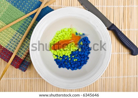 Orange fish on dish with colorful gravel with knife