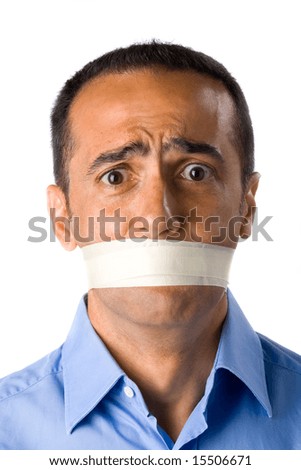 Mature man with blue shirt in white background. Closed mouth with masking tape