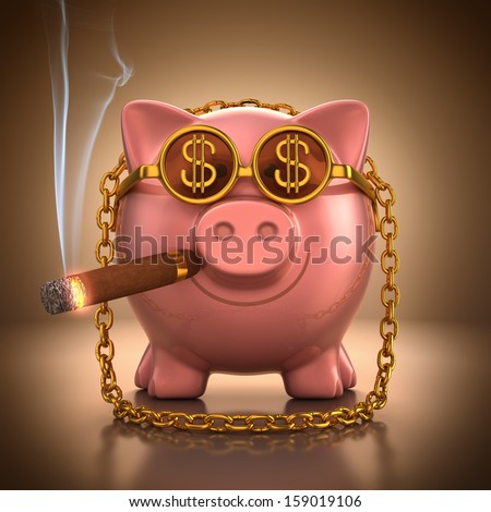 Piggy bank with gold accessories showing lust and wealth. With clipping path.