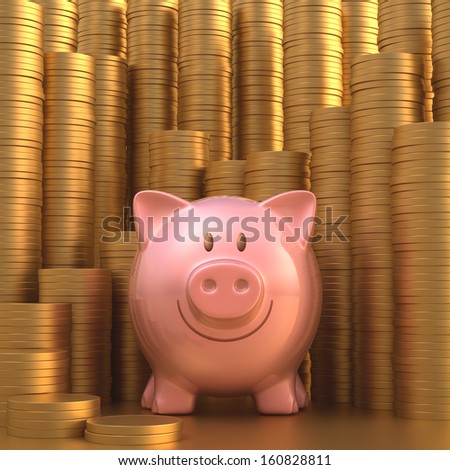Piggy bank with stacks of gold coins in the background.