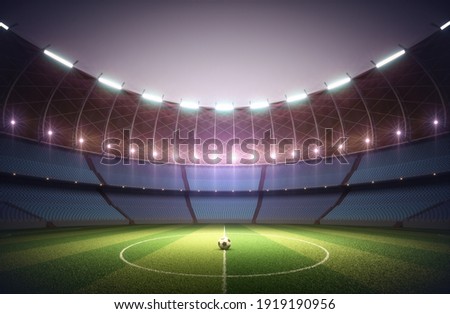 Soccer field in the sports stadium. Soccer ball illuminated in the center by the surrounding lights. 3D illustration.