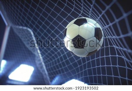 Soccer ball, scoring the goal and moving the net. 3D illustration.