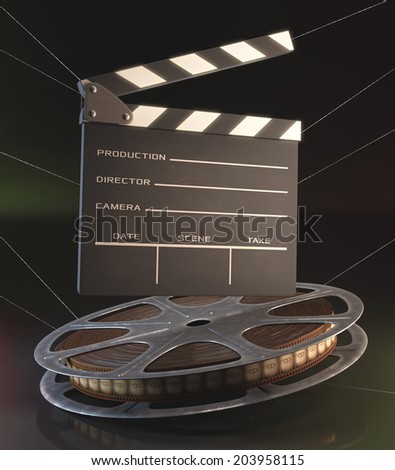 Clapperboard and roll of film in the retro concept cinema.
