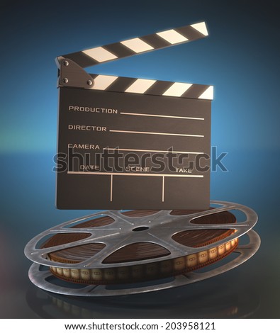 Clapperboard and roll of film in the retro concept cinema.